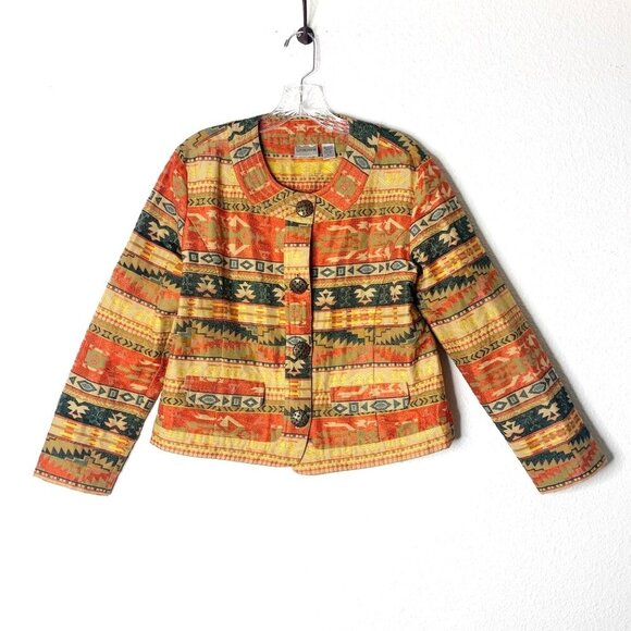 Chicos Womens Size 1 Aztec Print Jacket Silk Blend Long Sleeve Jacket Round Neck - Picture 10 of 10